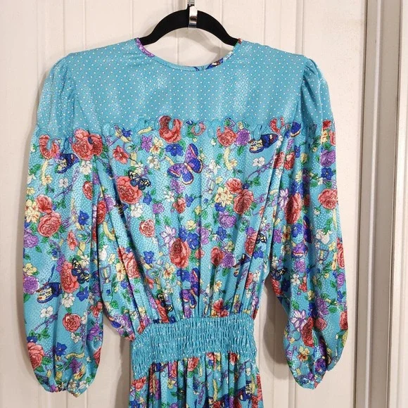 Diane Freis Womens Dress Jacket Set Vtg Georgette Blue Polka Dot Floral Maxi 6 - Picture 14 of 16